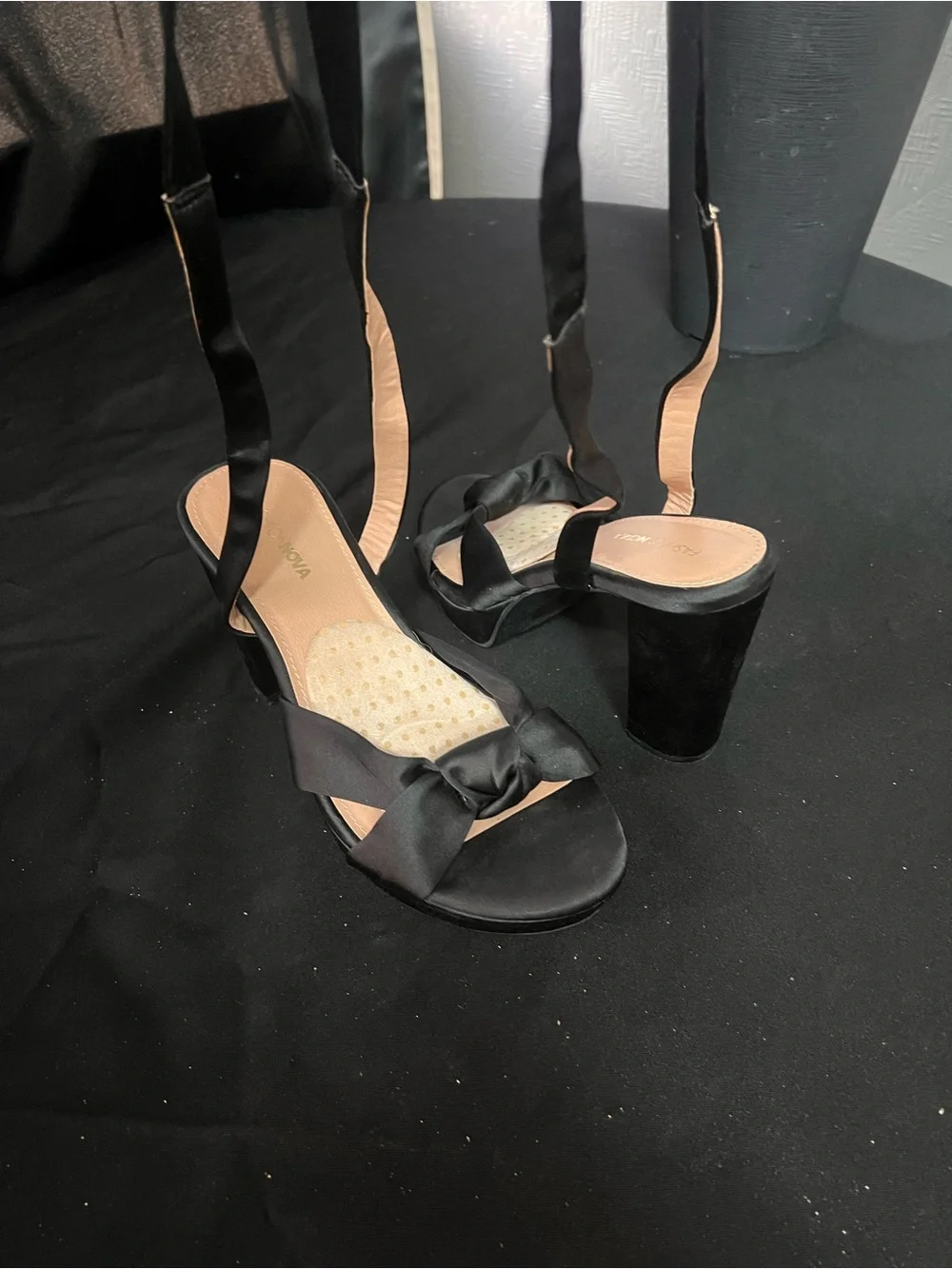 Black Satin Tie Ankle Sandals - Women's Dress Heels